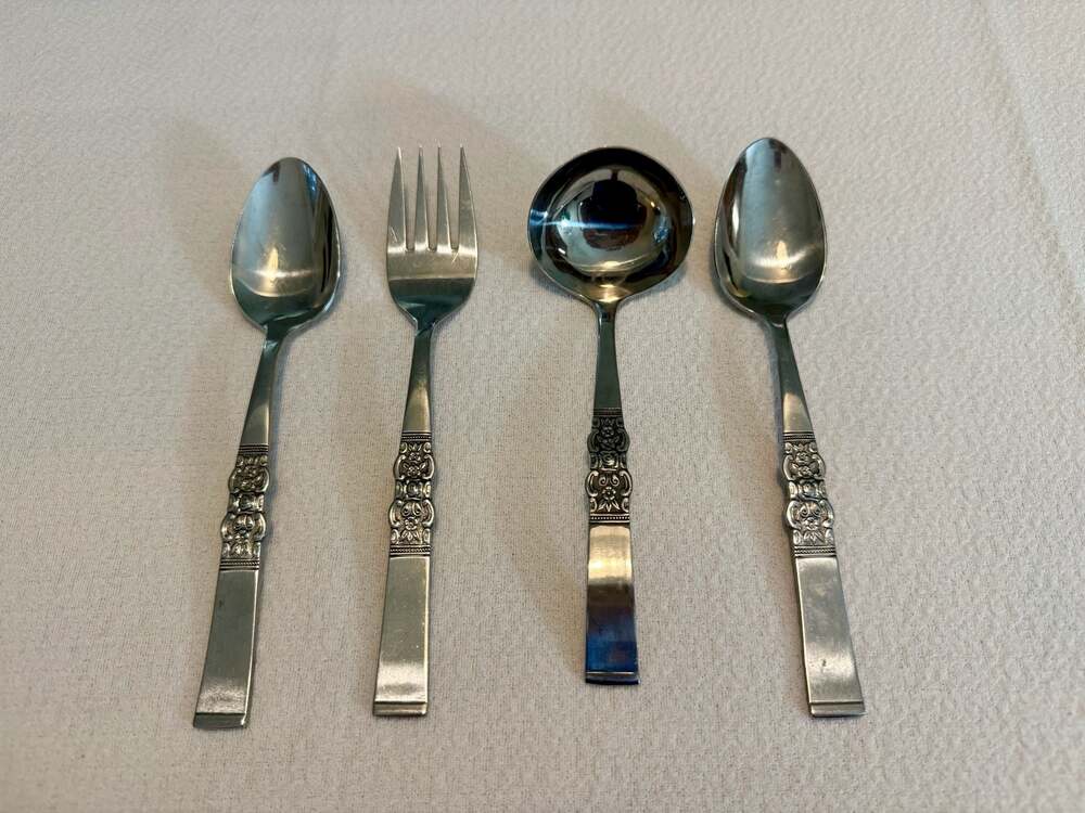Vintage Northland Stainless Korea Serving Set Floral Scroll Pattern
